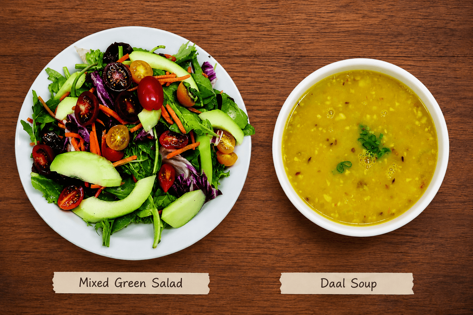 A variety of fresh Daal | Lentil soups and Mixed Green salads, perfect for a light and healthy start to your meal.